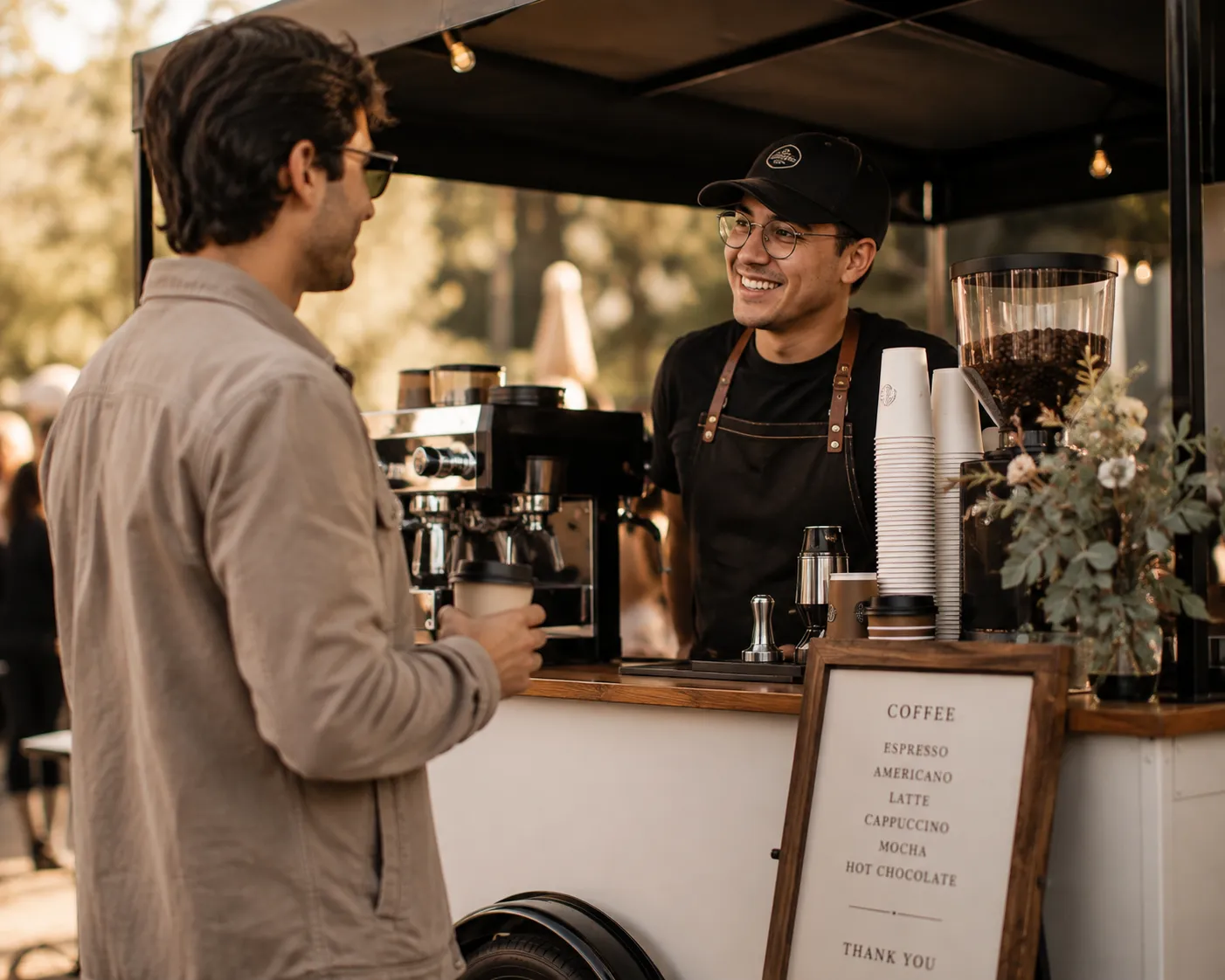 A guest asking a barista questions at the Cowboy Coffee Co. mobile coffee cart
