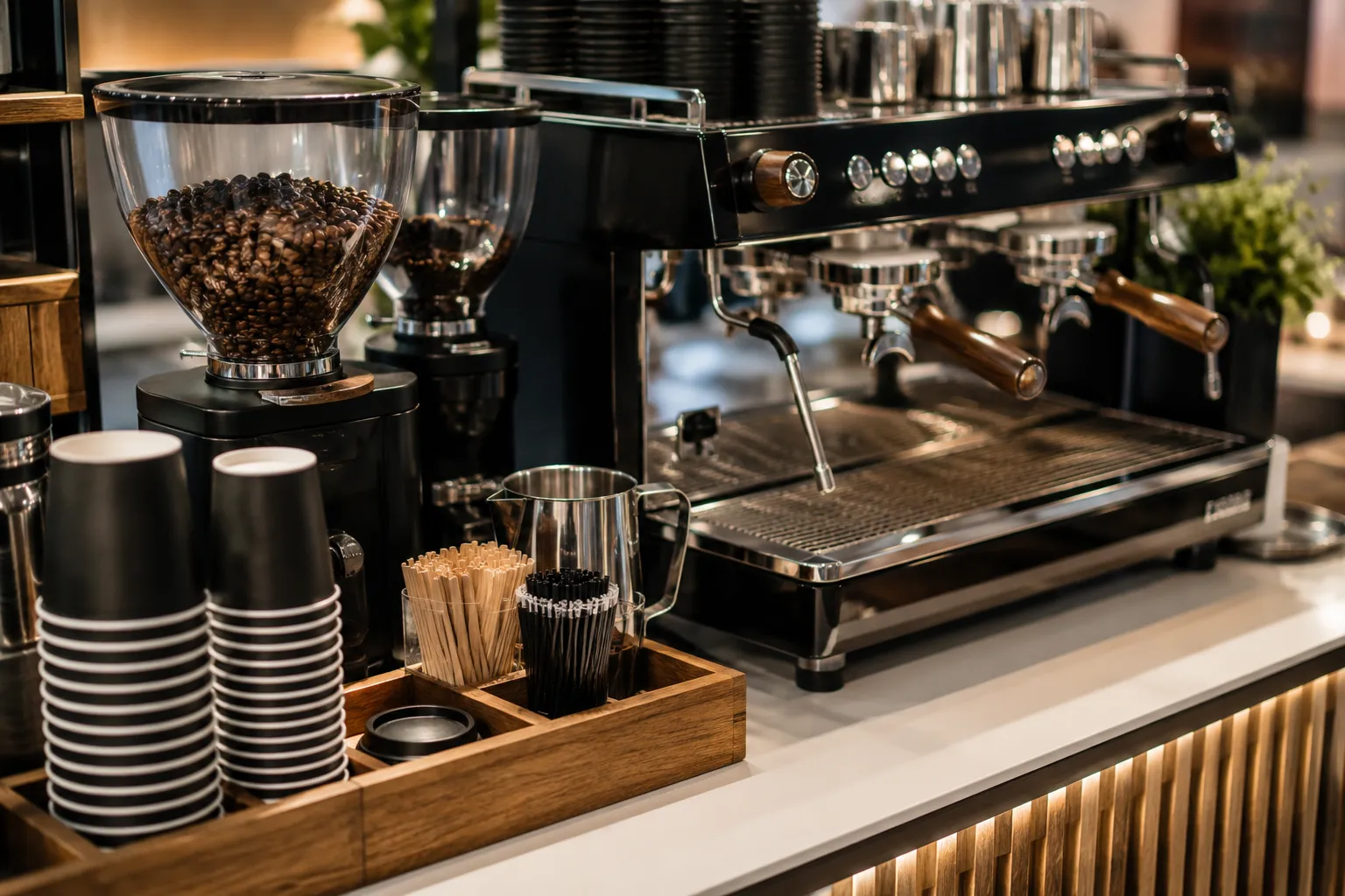 The espresso bar equipment the mobile coffee cart carries: two-group espresso machine, on-demand grinder, cups, and tools