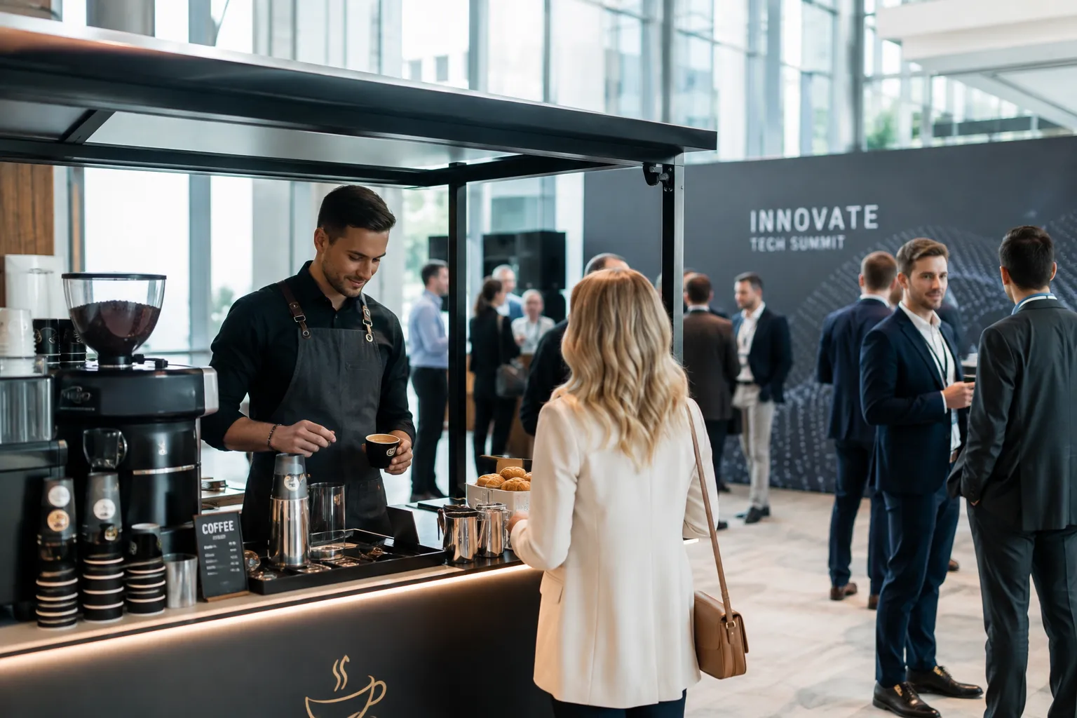 Corporate coffee catering: a barista serving espresso drinks to attendees at a conference