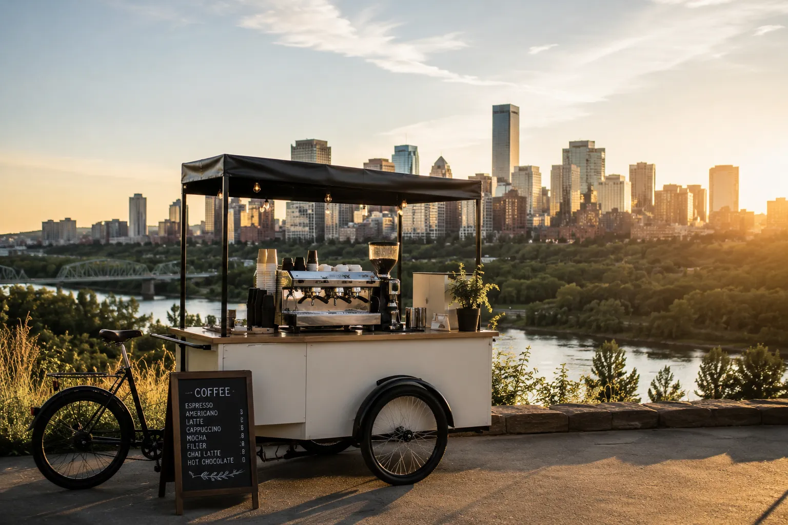 The mobile coffee cart overlooking the Edmonton skyline and river valley on a northern run
