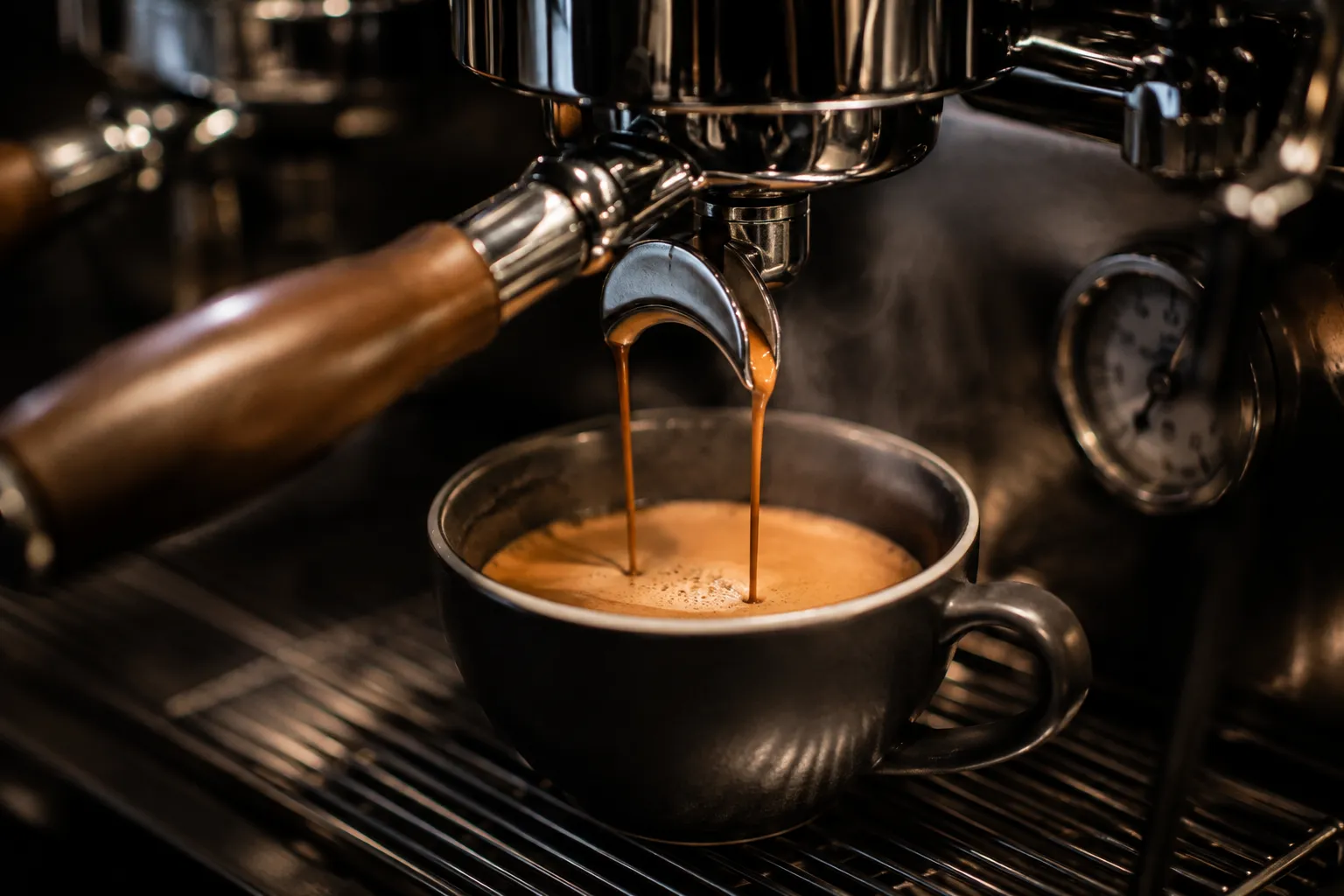 A double espresso extraction pouring into a cup on the mobile espresso bar