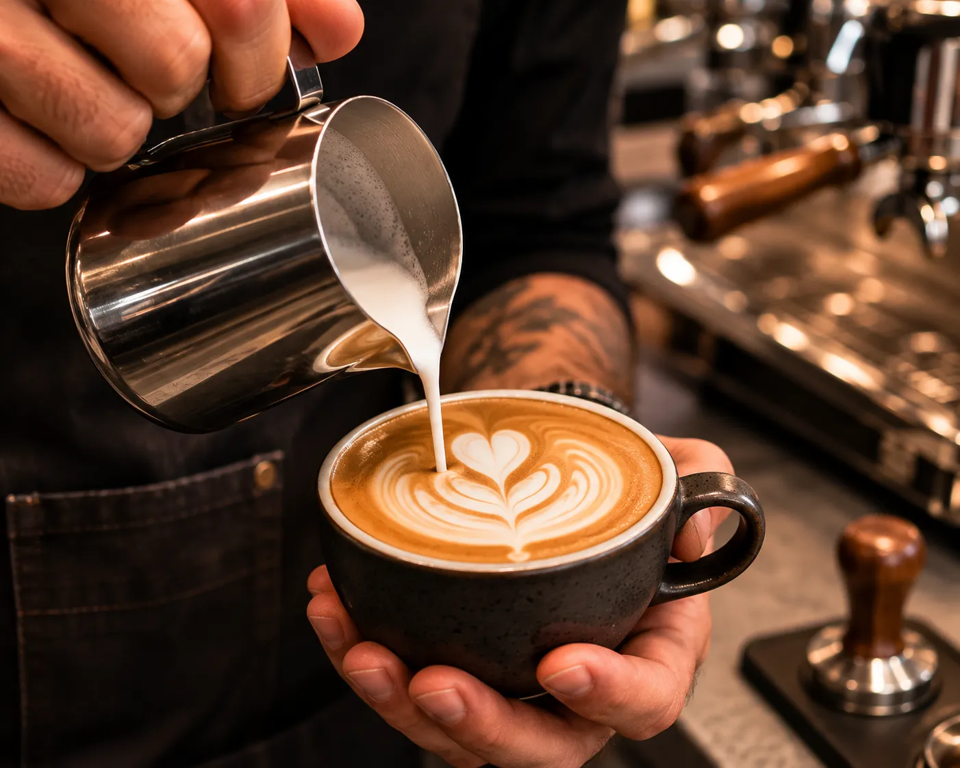 Latte art printing at a brand activation: a logo poured in foam on a branded coffee cart drink