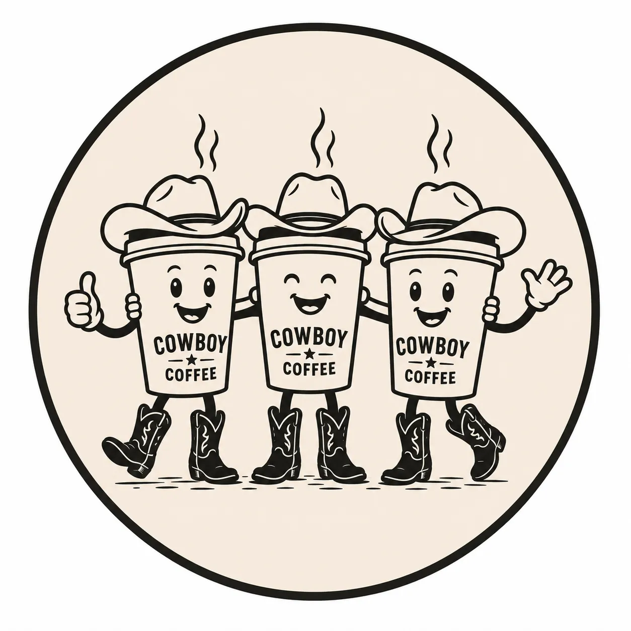 Cowboy Coffee Co. mascot: three smiling coffee cups in cowboy hats and boots