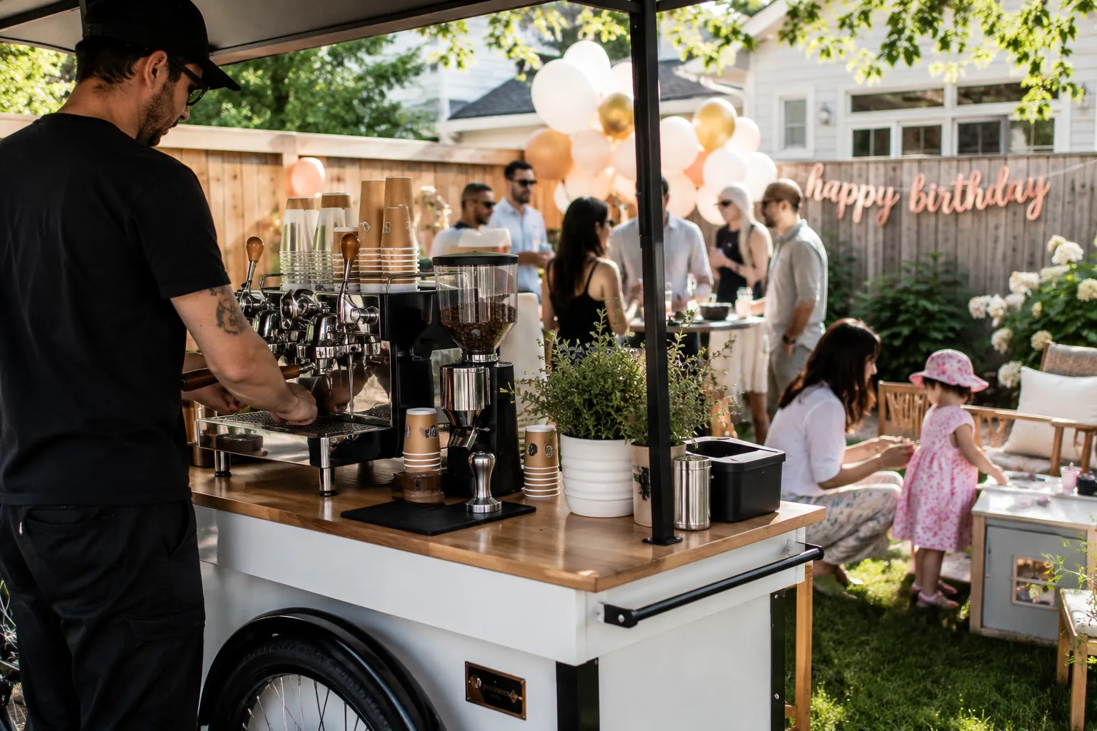 The Cowboy Coffee Co. private party coffee cart at a backyard birthday party with guests and balloons