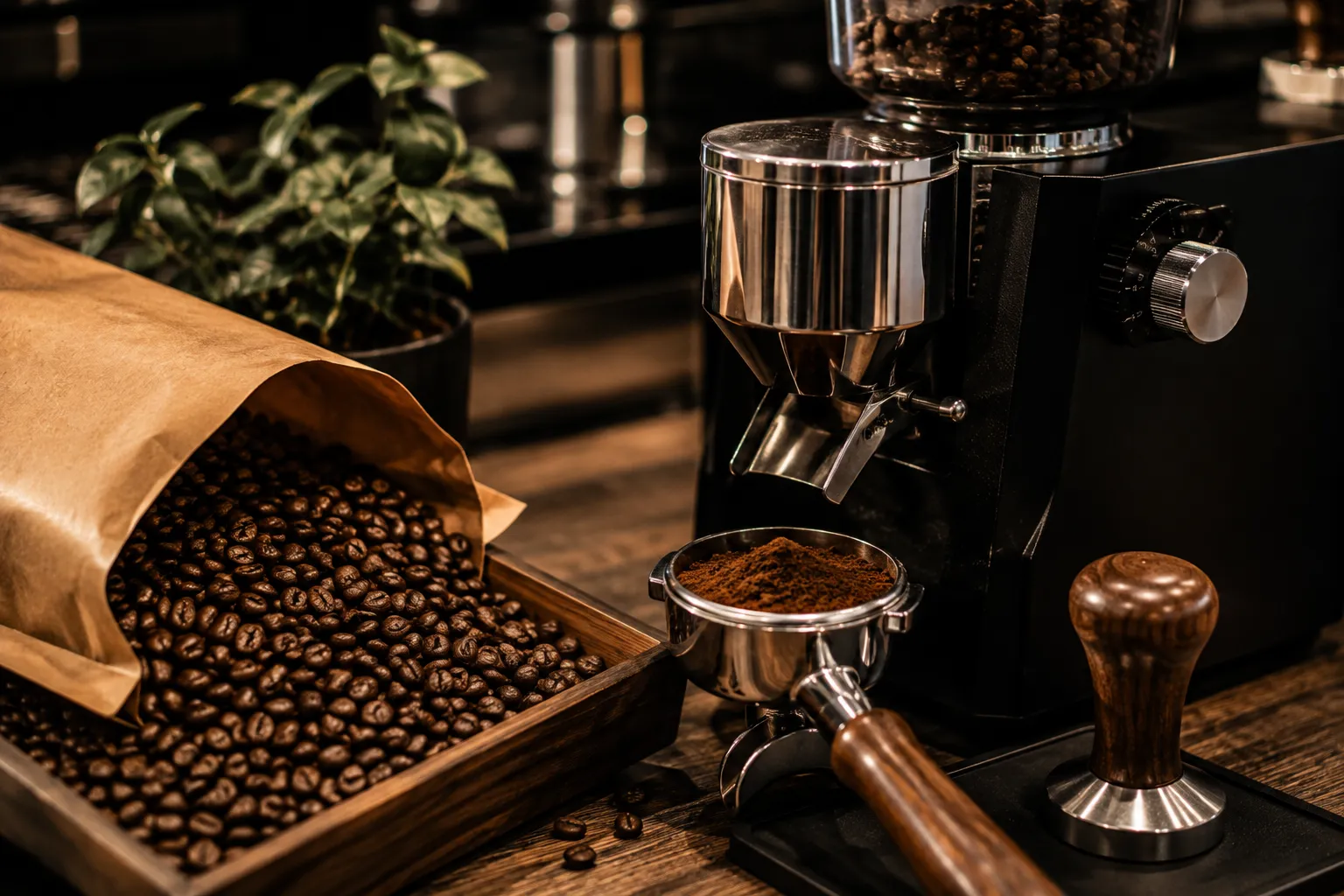 The Colombia and Brazil roast beside the on-demand grinder and portafilter on the coffee cart