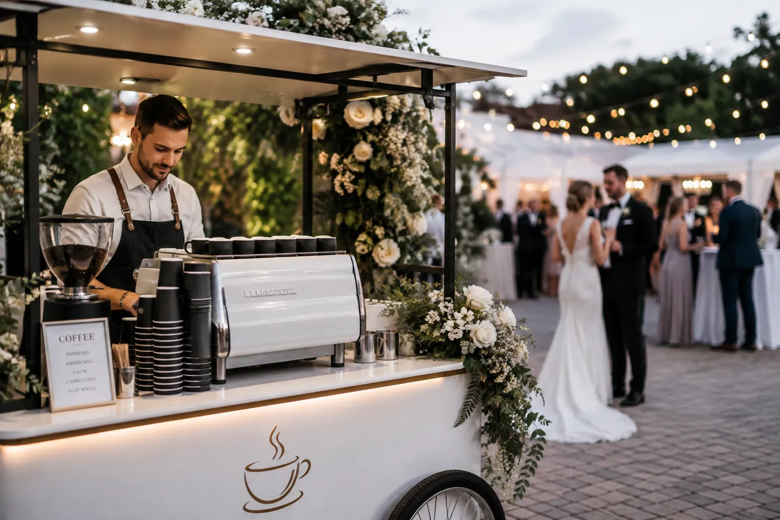 The Cowboy Coffee Co. wedding coffee cart serving guests at an Alberta wedding reception, with the couple nearby